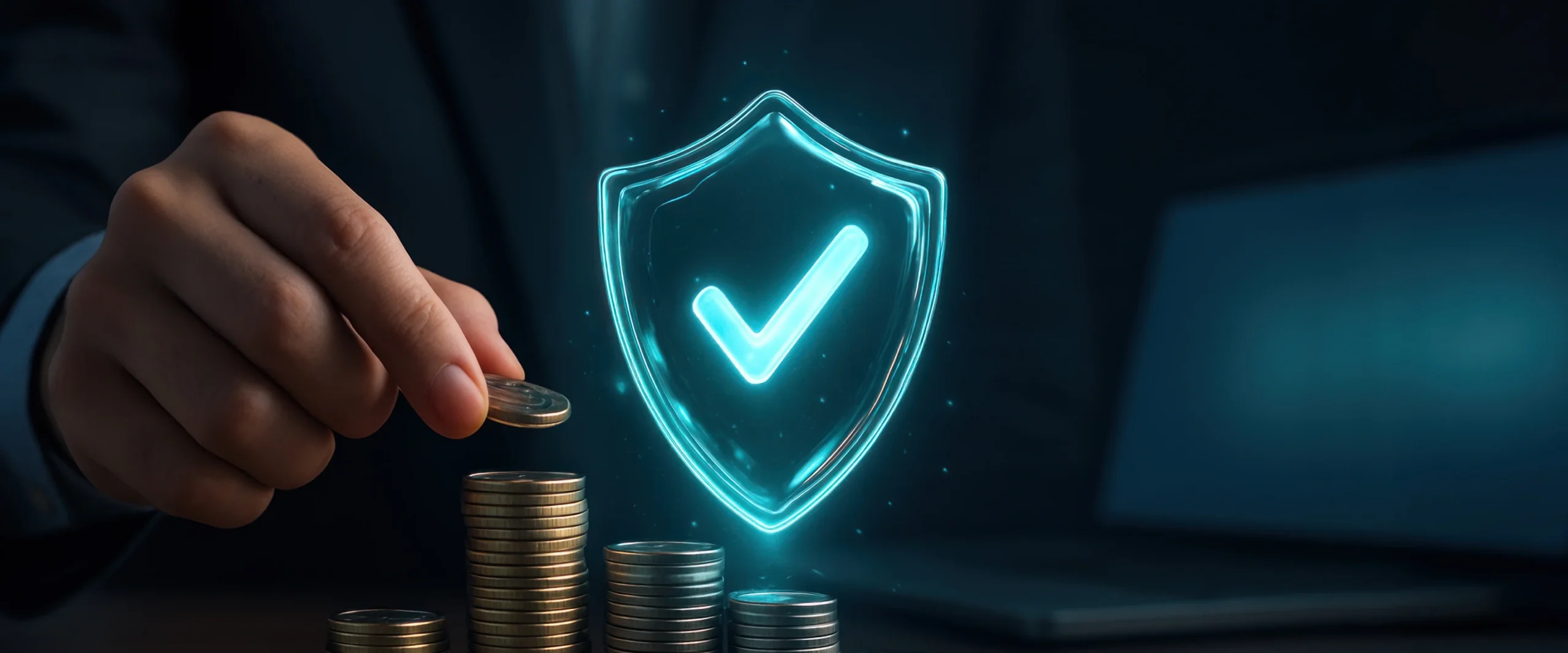 Hand stacking coins with a glowing shield and checkmark, symbolizing financial security and protection.