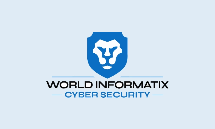 World Informatix Cyber Security logo with blue shield and stylized lion face design.