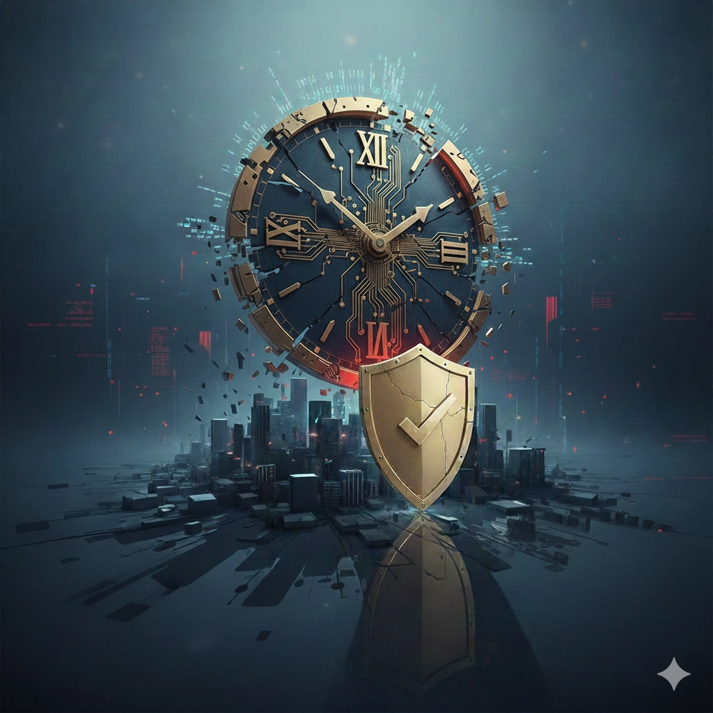 Futuristic digital clock with circuit design and shield, symbolizing cybersecurity and time management in a digital cityscape.