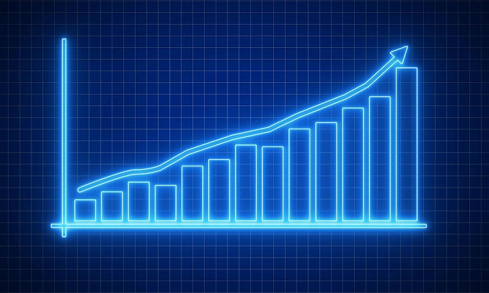 Neon blue bar graph with upward trend on grid background, symbolizing growth and success.