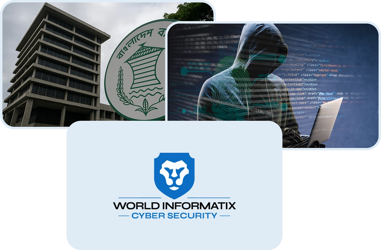 Group of images showing building, logo of world Informatix, showing cyber security